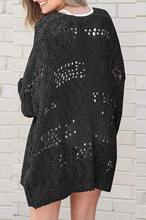 Black open-knit slouchy cardigan with distressed details and a relaxed fit.