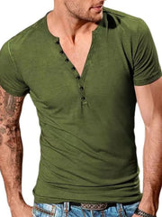 Moss slub cotton henley tee with button placket and short sleeves