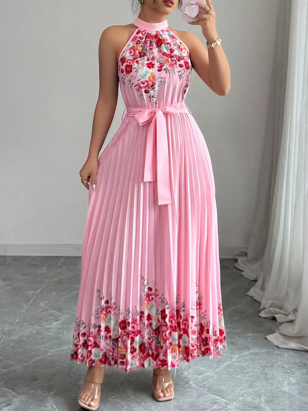 Halter Neck Floral Print Pleated Maxi Dress, front view