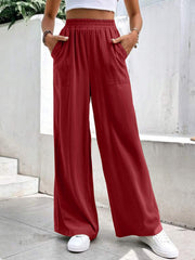 Burgundy relaxed drape palazzo trousers with pockets and elastic waist