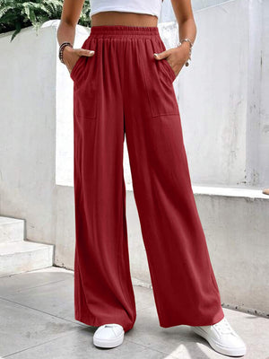 Burgundy relaxed drape palazzo trousers with pockets and elastic waist
