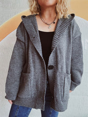 Dark gray chunky knit hooded cardigan with button front and pockets