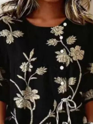 Embroidered Floral Tie Front Shirt Plus Size in Blue, view 11