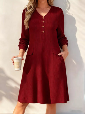 Full Size Ribbed Knit V-neck Dress Plus Size in White, model styling view