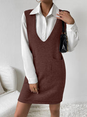 Brown knit sleeveless mini dress with V-neck and pocket details, styled with a white shirt.