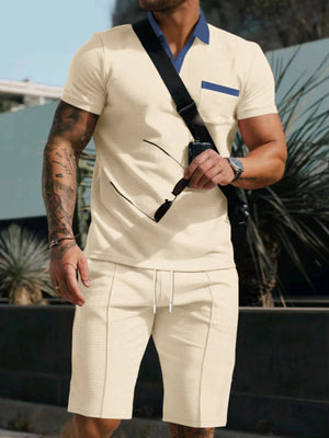 Men's beige polo shirt and shorts set with blue collar and pocket detail
