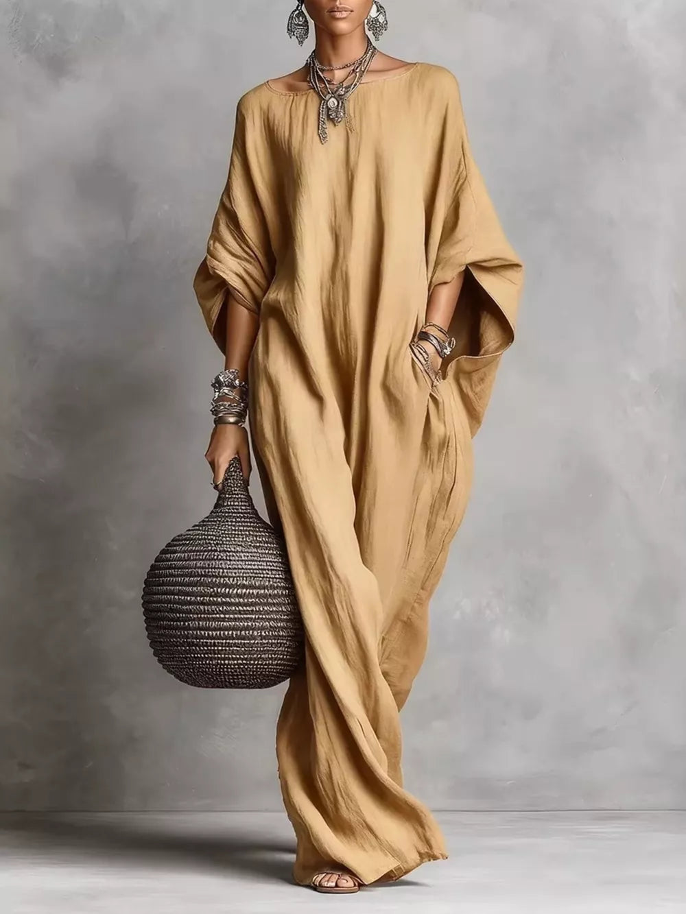 Loose Fit Boat Neck Maxi Dress in White, model styling view