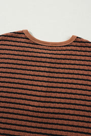 Textured henley stripe knit top in caramel with black stripes and crew neck.