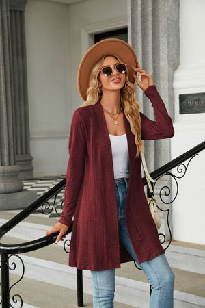 Burgundy textured knit open-front duster cardigan with long sleeves and a relaxed fit.