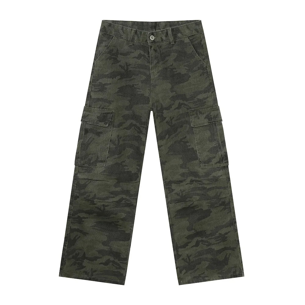 Army green camo cargo pants with multiple pockets and a relaxed fit.