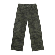 Army green camo cargo pants with multiple pockets and a relaxed fit.
