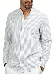 Men's white striped long sleeve cotton blend shirt with mandarin collar.