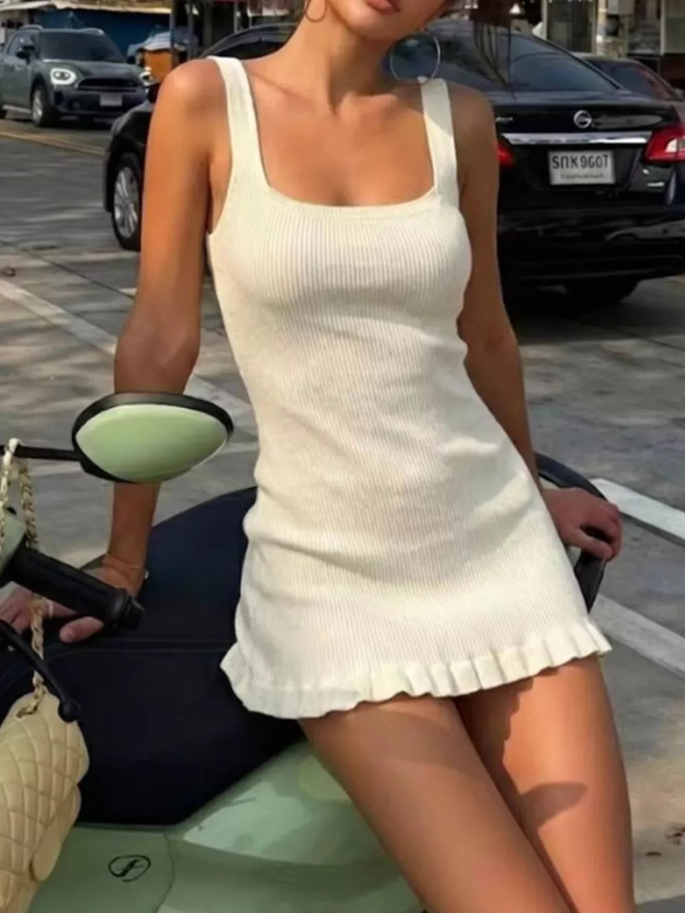 Ribbed Knit Square Neck Sweater Dress in Apricot, side view