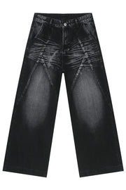 Dark wash wide leg jeans with sculpted paneling and whiskering detail.