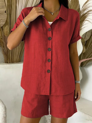 Full Size Button-up Shirt And Shorts Set Plus Size, fabric detail