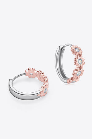 Rose gold floral embellished huggie hoop earrings with cubic zirconia on 925 sterling silver.