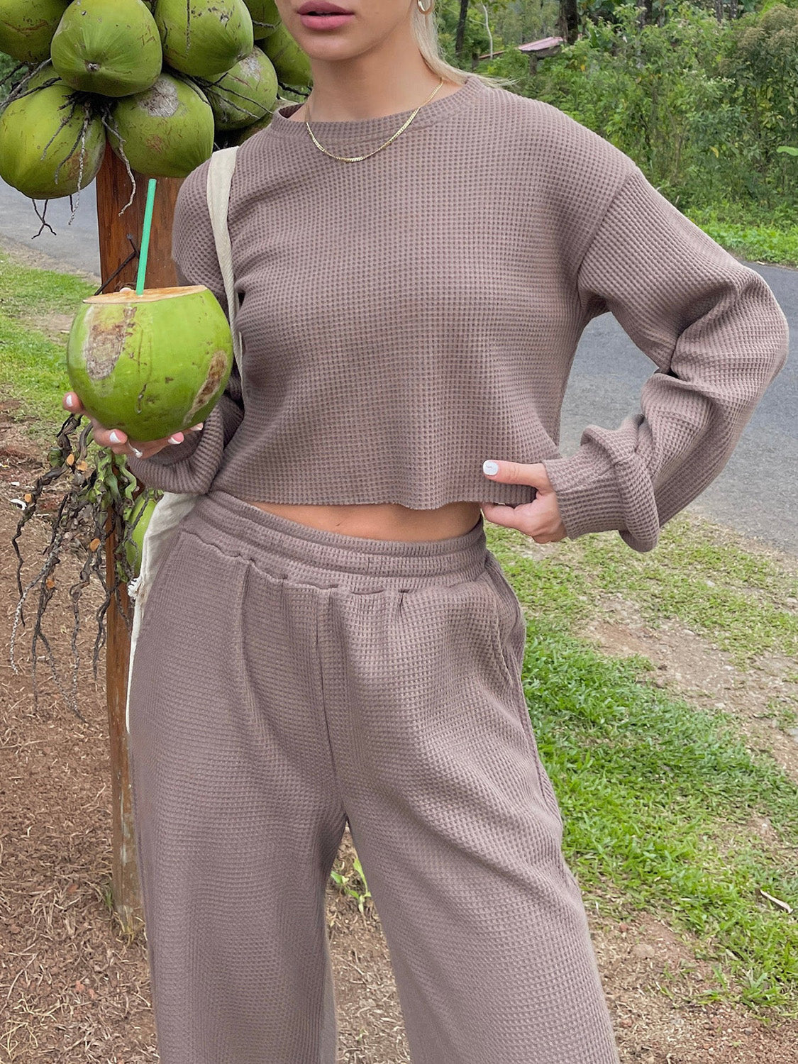 Waffle knit cropped lounge set in mocha, white, khaki, or aqua.
