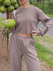 Waffle knit cropped lounge set in mocha, white, khaki, or aqua.