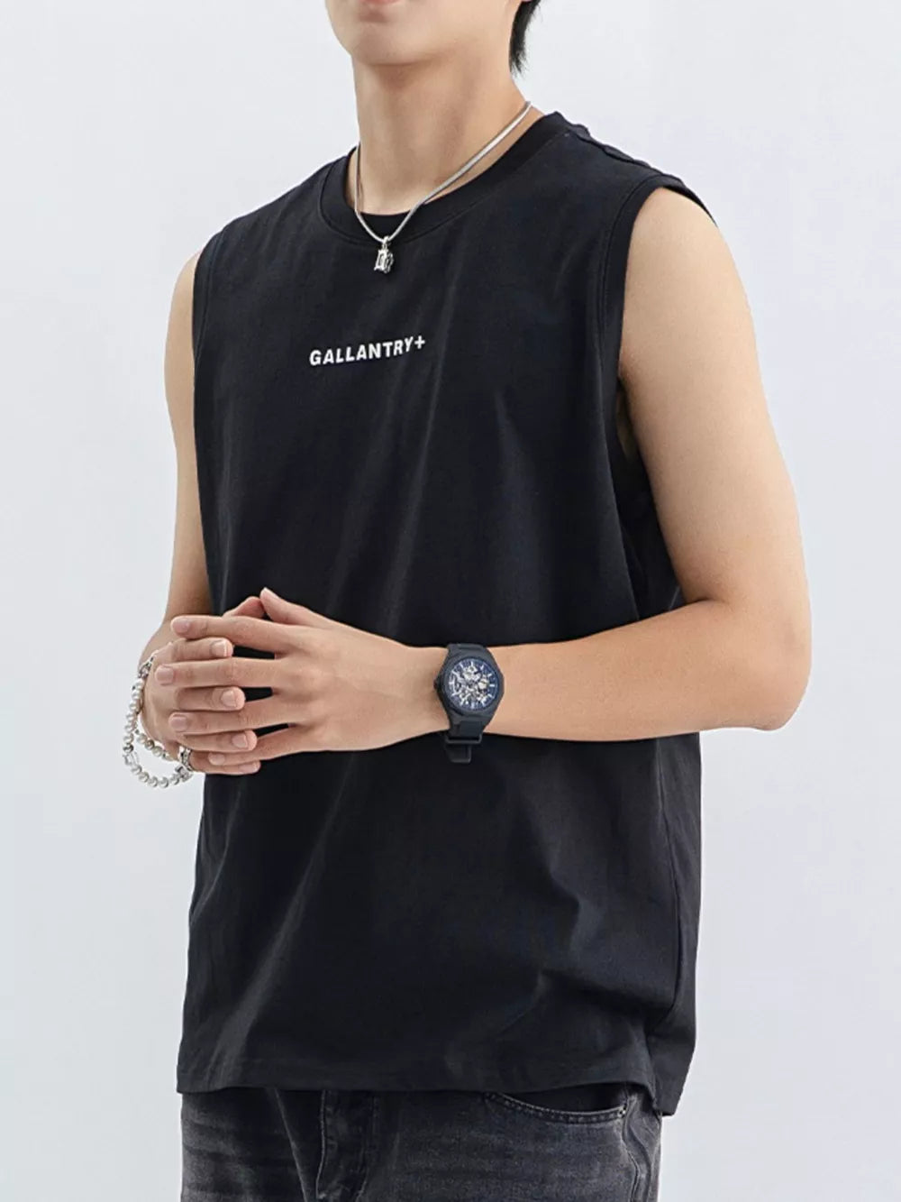 Black cotton blend men's tank top with round neck and graphic text