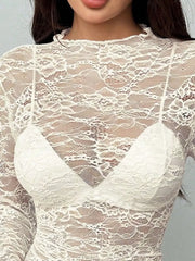 Sheer Lace Long Sleeve Top in Black, fit detail