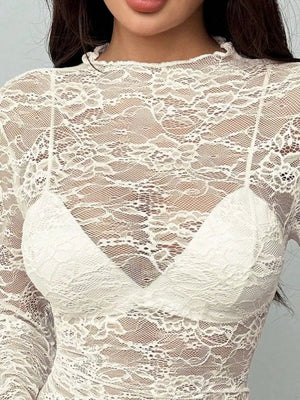 Sheer Lace Long Sleeve Top in Black, fit detail