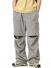 Gray cargo pants with adjustable waist and zip-off legs, showing the shorts conversion.