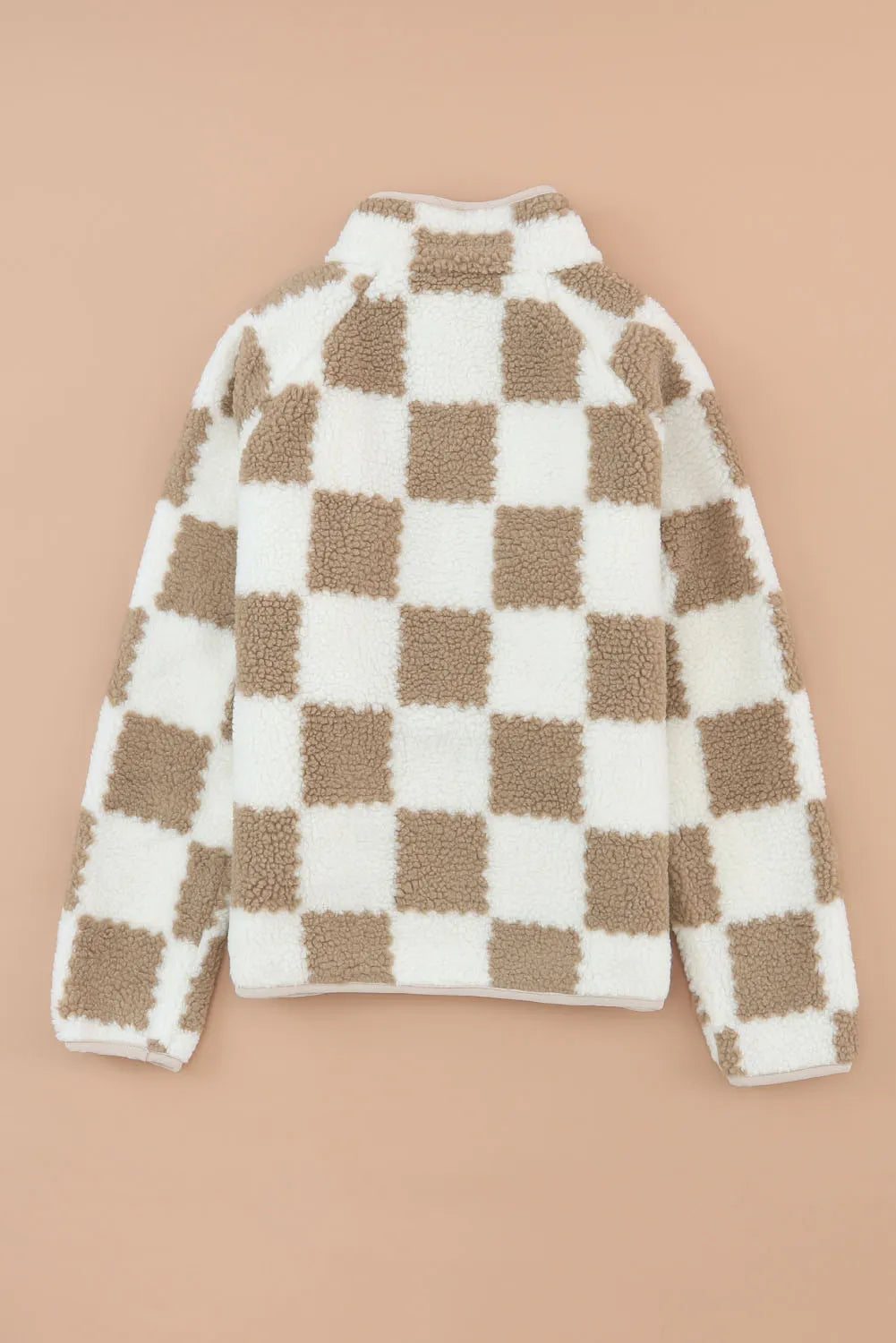 Teddy checkered utility jacket in Dust Storm with a fuzzy texture and quarter zip.