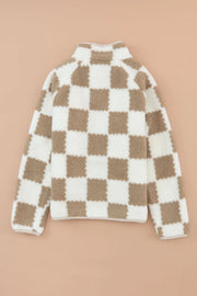 Teddy checkered utility jacket in Dust Storm with a fuzzy texture and quarter zip.