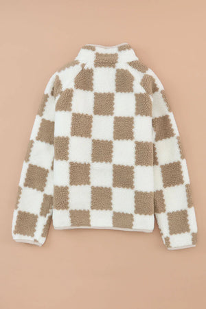 Teddy checkered utility jacket in Dust Storm with a fuzzy texture and quarter zip.