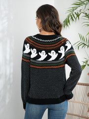 Black acrylic Fair Isle knit sweater with ghost pattern and crew neck.