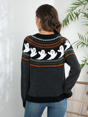 Black acrylic Fair Isle knit sweater with ghost pattern and crew neck.