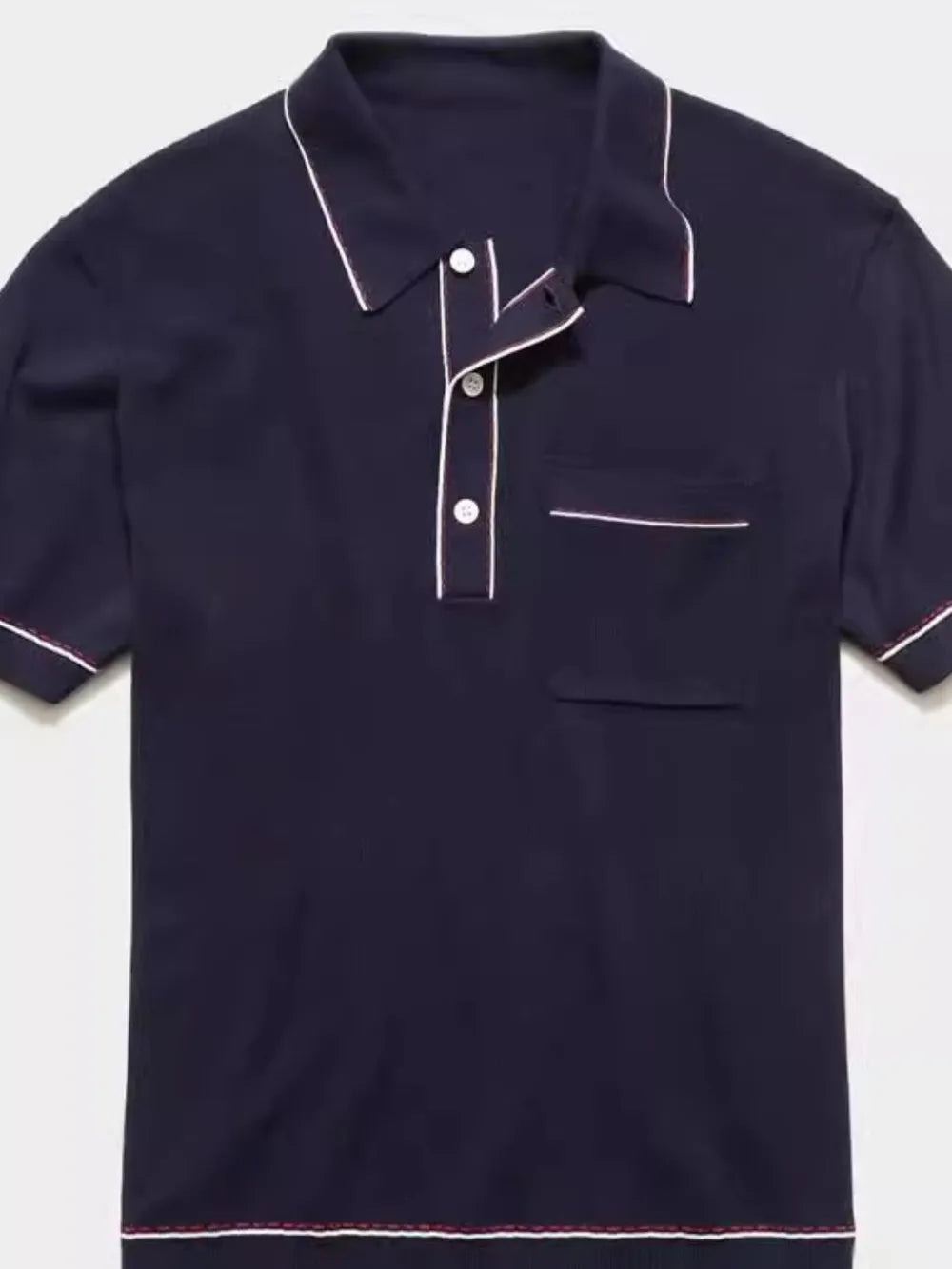 Navy ribbed knit polo shirt with contrast trim and chest pocket