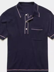 Navy ribbed knit polo shirt with contrast trim and chest pocket