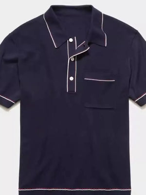 Navy ribbed knit polo shirt with contrast trim and chest pocket