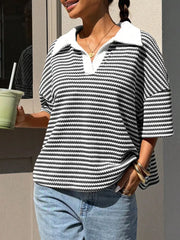 Striped Knit 3/4 Sleeve Polo Top in Brown, back view