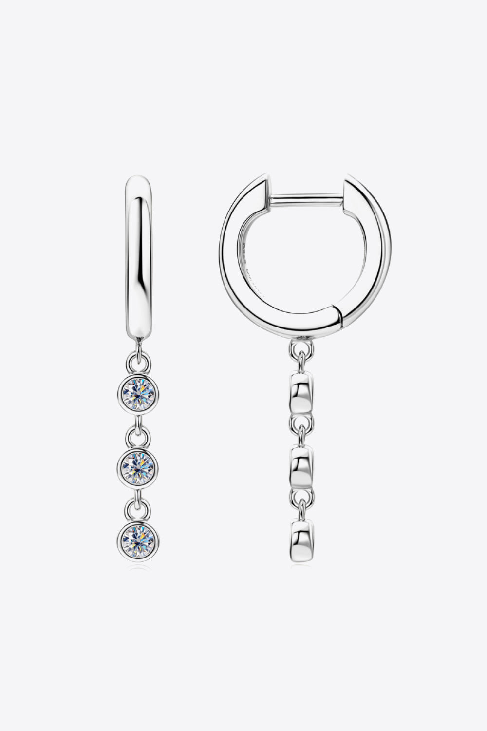 Silver hoop earrings with dangling gemstone accents and chain detail