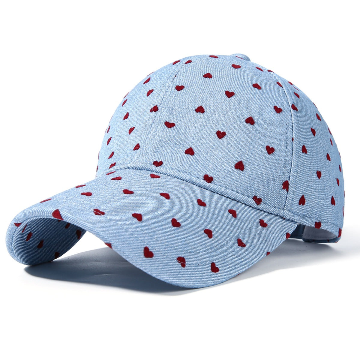 Sky blue baseball cap with red heart pattern, blended fabric, 6-panel construction.