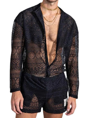 Black open-weave crochet resort set with geometric pattern, long sleeves and shorts.