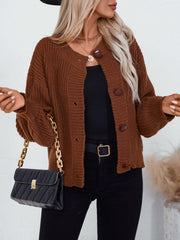 Brown ribbed button-up cardigan with round neckline and balloon sleeves
