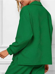 Green textured two-piece lounge set with diagonal pattern and V-neck top.