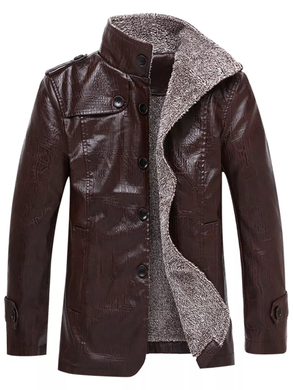 Men's brown faux leather sport jacket with fleece lining and button-down front.