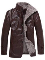 Men's brown faux leather sport jacket with fleece lining and button-down front.