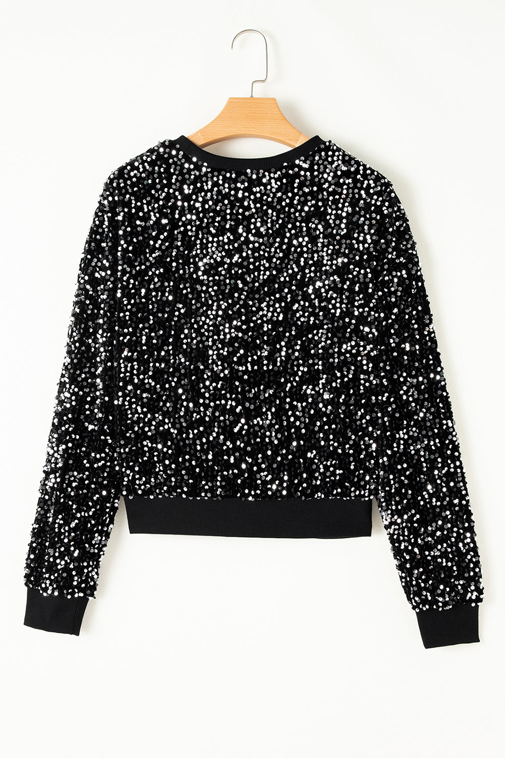 Black sequin embellished sweatshirt with ribbed cuffs and hem