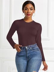 Burgundy ribbed jersey bodysuit with long sleeves and crew neck.