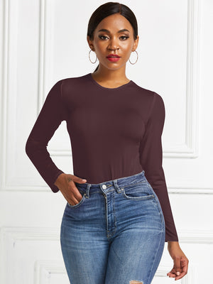 Burgundy ribbed jersey bodysuit with long sleeves and crew neck.