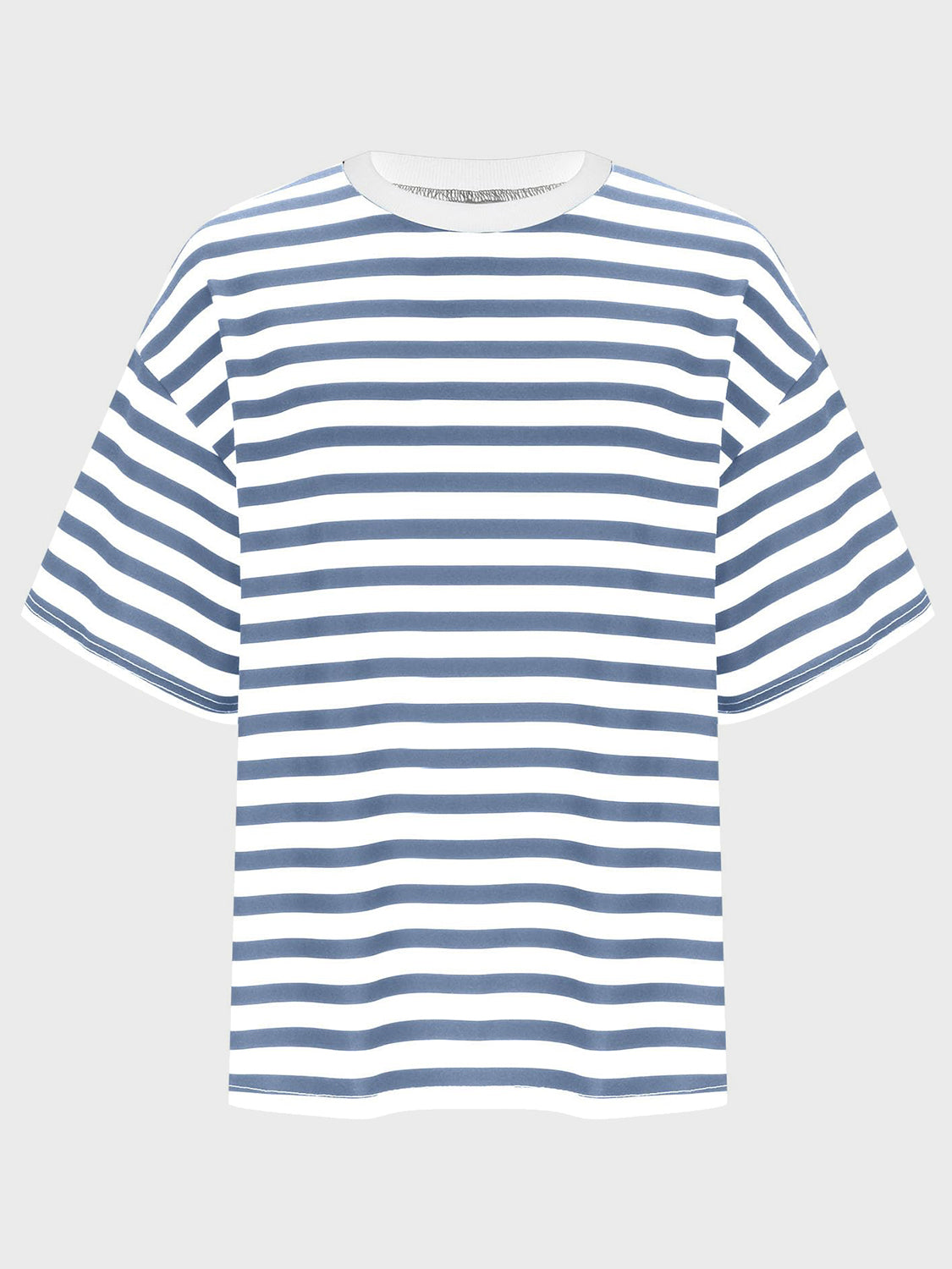 Oversized striped tee with dropped sleeves in Dusty Blue and white.