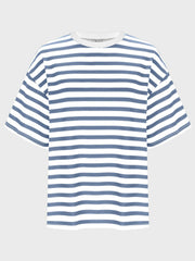 Oversized striped tee with dropped sleeves in Dusty Blue and white.