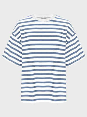 Oversized striped tee with dropped sleeves in Dusty Blue and white.