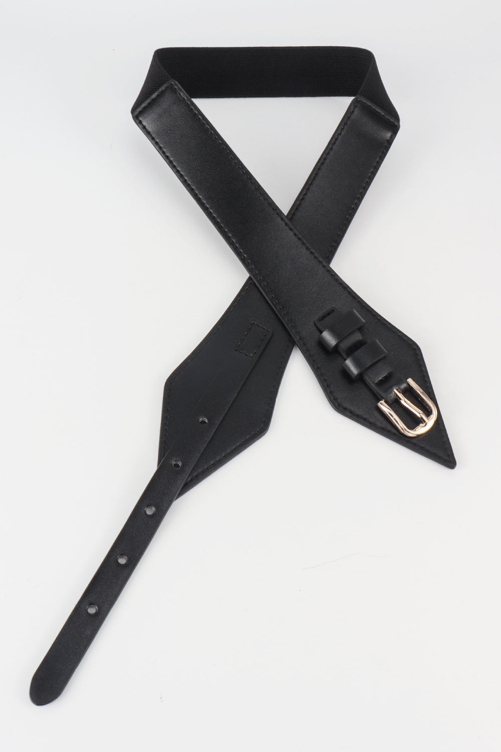 Black leather belt with geometric design and gold buckle detail