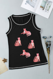 Black sequin leopard graphic tank top with contrast stitching